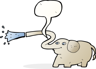 Bir insan tarafından çizilmiş konuşma baloncuğuyla su fışkırtan çizgi film fili.