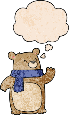 Bir insan tarafından çizilmiş grunge desenli, düşünce baloncuklu eşarp takan çizgi film ayısı.