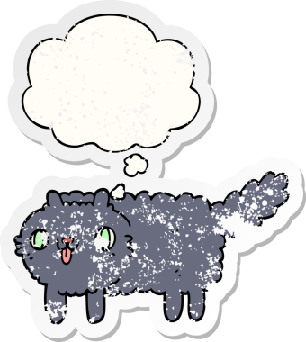 Düşünce baloncuğu olan çizgi film kedisi insan tarafından çizilmiş yıpranmış bir çıkartma.