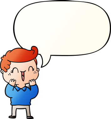 Bir insan tarafından çizilmiş düzgün eğimli konuşma baloncuğu olan gülen çocuk.