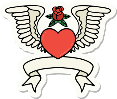 Bir insanın çizdiği kanatlı bir kalbin bayrağıyla dövme stili çıkartması.