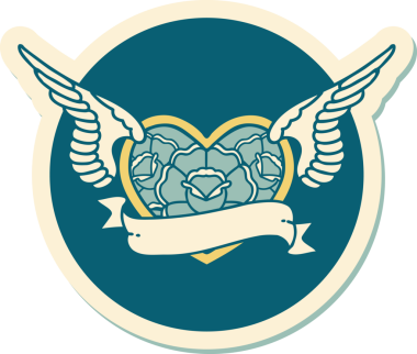 Geleneksel bir dövme stili. Uçan kalp. Çiçekler ve bir insan tarafından çizilmiş bayrak.