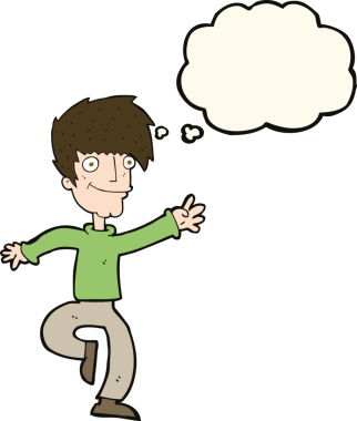 Bir insan tarafından çizilmiş düşünce baloncuğuyla dans eden mutlu adam çizgi filmi.