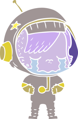 Düz renkli çizgi film ağlayan astronot kız bir insan tarafından çizilmiş.