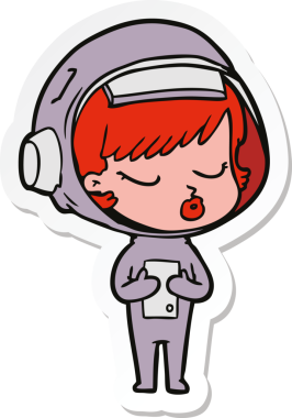 Çizgi film çıkartması. Bir insan tarafından çizilmiş güzel astronot kız.