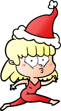 Bir insanın çizdiği Noel Baba şapkasıyla koşan bir kadının el çizimi karikatürü.