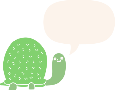 Konuşma baloncuğu olan sevimli çizgi film kaplumbağası insan tarafından çizilmiş.