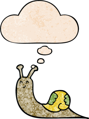 Tatlı çizgi film salyangozu, insan tarafından çizilmiş grunge desenli düşünce baloncuğu.