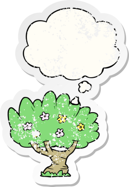 Düşünce baloncuğu olan çizgi film ağacı insan tarafından çizilmiş yıpranmış bir çıkartma gibi.