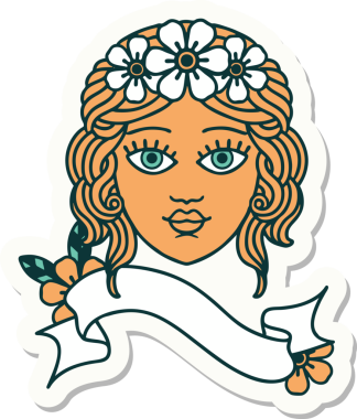 Bir insan tarafından çizilmiş çiçek taçlı kadın yüzü pankartlı dövme stili.