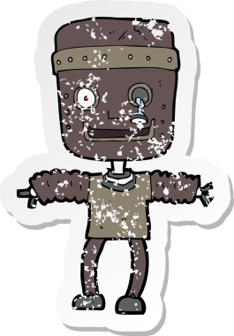 Bir insan tarafından çizilmiş karikatür robotunun gerilmiş yapıştırması.