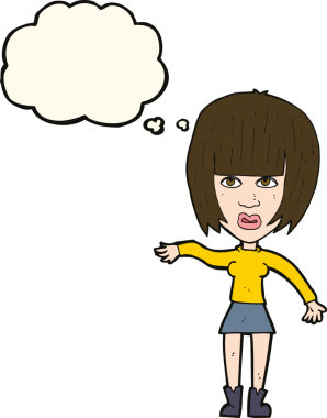 Bir insan tarafından çizilmiş düşünce baloncuğuyla el sallayan çizgi film kadını.