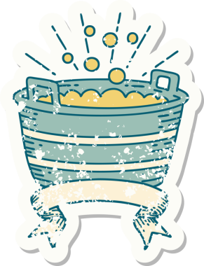 Bir insan tarafından çizilmiş dövme stili teneke bir banyonun eski etiketi.