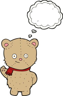 Bir insan tarafından çizilmiş düşünce baloncuğuyla sallanan çizgi film ayısı.