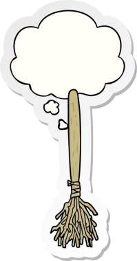 Düşünce baloncuklu sihirli süpürge insan tarafından çizilmiş bir çıkartma.