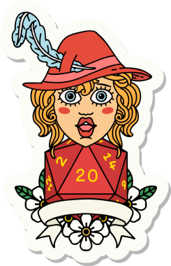 Bir insan ozan karakterinin çıkartması. Bir insan tarafından çizilmiş doğal 20 zar.