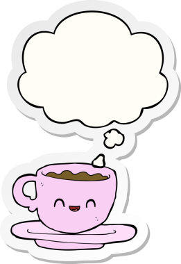 Düşünce baloncuklu sıcak kahve fincanı insan tarafından çizilmiş bir çıkartma.