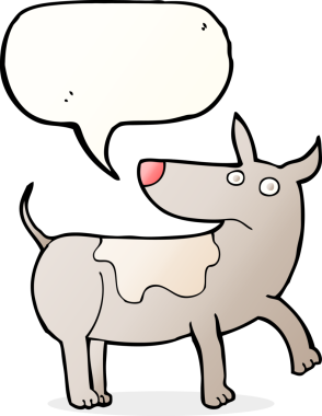 Bir insan tarafından çizilmiş konuşma balonlu komik çizgi film köpeği.