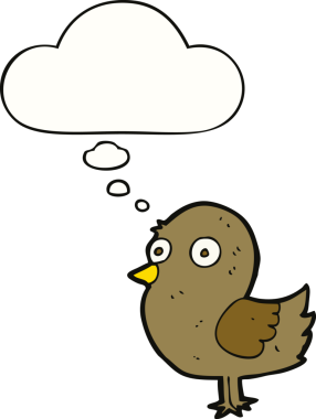 Bir insan tarafından çizilmiş düşünce baloncuklu çizgi film kuşu.