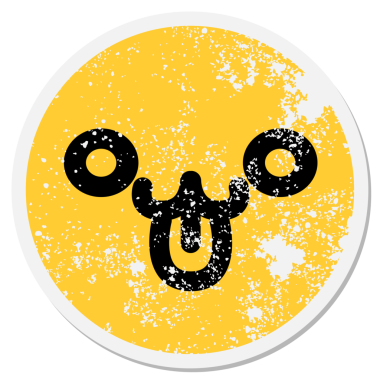 Bir insan tarafından çizilmiş sevimli, mutlu, evcil hayvan yüzlü, dairesel bir etiket.