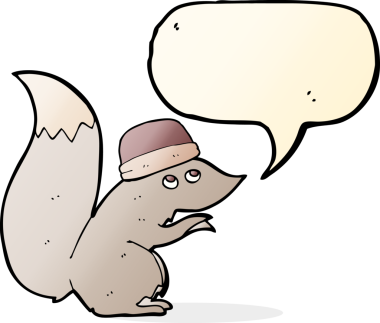 Bir insan tarafından çizilmiş, konuşma baloncuklu şapka takan bir sincap.