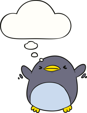 Bir insan tarafından çizilmiş düşünce baloncuğu olan kanat çırpan sevimli penguen.