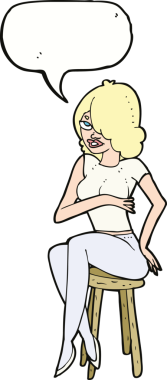 Bir insan tarafından çizilmiş bir konuşma balonuyla bar taburesinde oturan çizgi film kadını.