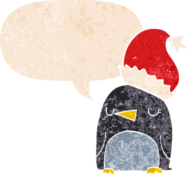 Hoş bir noel pengueni grunge 'da konuşma baloncuğu olan kederli eski moda bir insan tarafından çizilmiş.