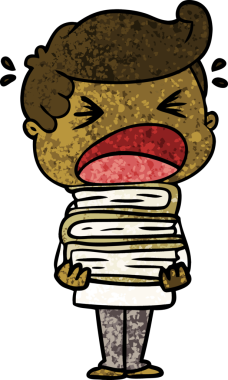 Bir insan tarafından çizilmiş kitap yığınıyla bağıran bir karikatür.