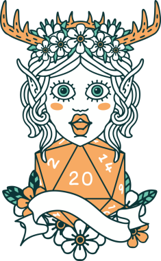 Retro Dövme Tarzı Elf Druid Bir insan tarafından çizilmiş doğal yirmi zar ile