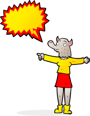 Bir insan tarafından çizilmiş konuşma balonlu kurtadam kadın çizgi filmi.