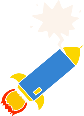 bir insan tarafından çizilmiş retro tarzı konuşma baloncuklu çizgi film roketi