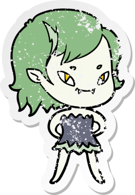 Bir insan tarafından çizilmiş elbise giymiş vampir bir kızın sıkıntılı çıkartması.