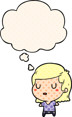 Çizgi roman tarzında bir insan tarafından çizilmiş düşünce balonu olan karikatür kadın.