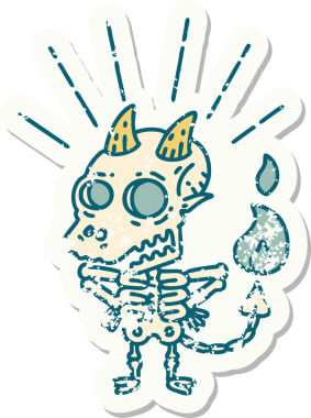 Bir insan tarafından çizilmiş eski bir dövme stili iskelet şeytan karakteri çıkartması.