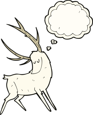 Bir insan tarafından çizilmiş düşünce baloncuklu beyaz geyik.