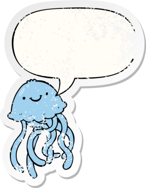 çizgi film mutlu denizanası konuşma baloncuğu ile sıkıntılı eski bir çıkartma bir insan tarafından çizilmiş