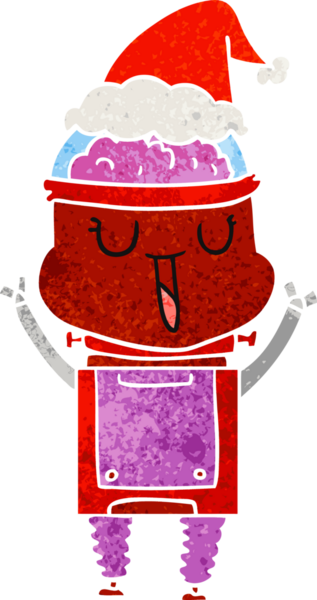 Bir insan tarafından çizilmiş Noel Baba şapkası takan bir robotun çizdiği mutlu el çizimi