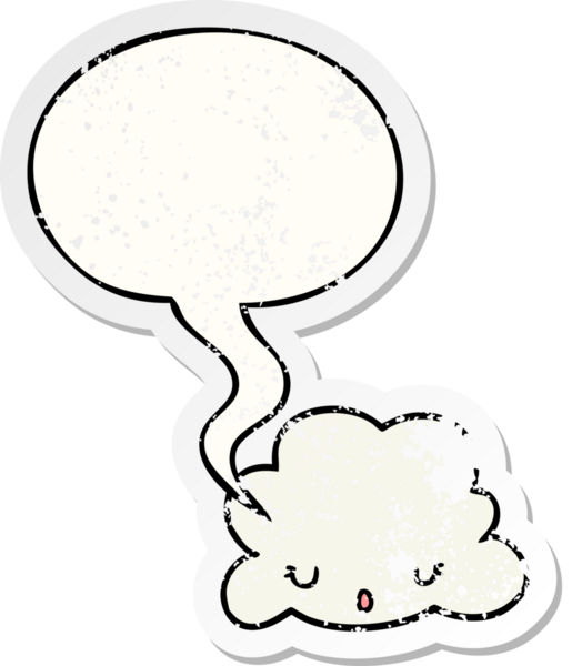 Konuşma baloncuğu olan sevimli çizgi film bulutu bir insan tarafından çizilmiş sıkıntılı eski bir çıkartma