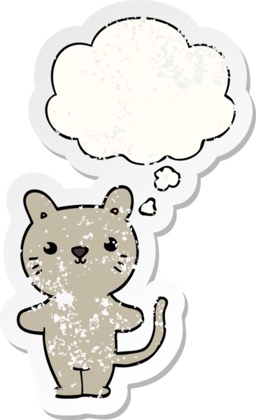 Düşünce baloncuğu olan çizgi film kedisi insan tarafından çizilmiş yıpranmış bir çıkartma.