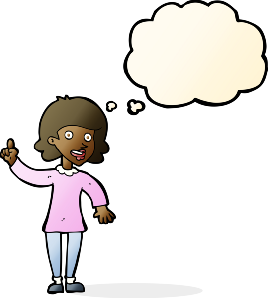 Bir insan tarafından çizilmiş düşünce baloncuğu fikri olan karikatür kadın.