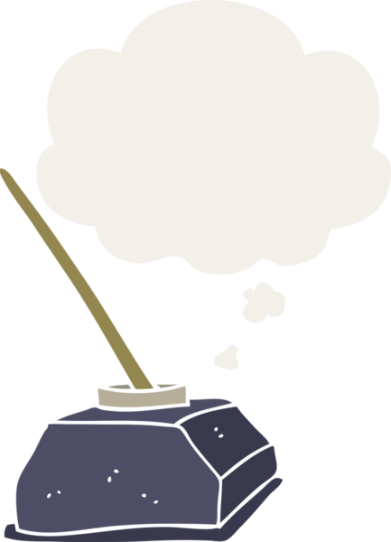 Eski çizgi film mürekkep kabı ve düşünce baloncuğu olan bir insan tarafından çizilmiş bir kalem.