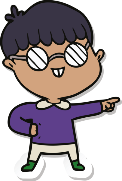 Bir insan tarafından çizilmiş gözlüklü bir çizgi film çocuğunun çıkartması.