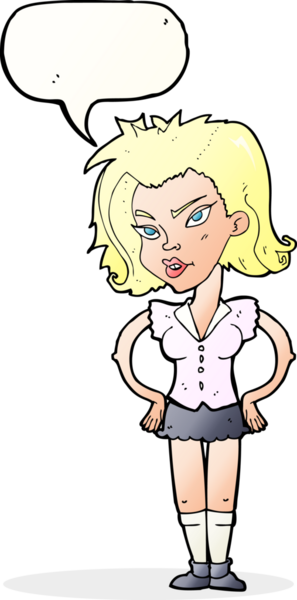 Bir insan tarafından çizilmiş konuşma balonlu elleri olan çizgi film kadını.