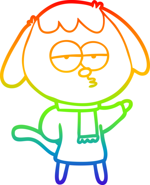 Gökkuşağı gradyan çizgi çizimi bir insan tarafından çizilmiş kış kıyafetleri giyen yorgun bir köpek çizimi