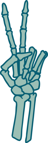 Bir insan tarafından çizilmiş barış işareti veren bir iskeletin ikonik dövme görüntüsü.