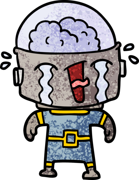 Bir insan tarafından çizilmiş ağlayan robot çizgi film.