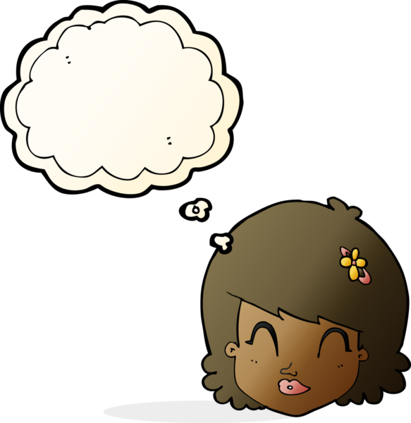 Bir insan tarafından çizilmiş düşünce baloncuklu mutlu kadın yüzü.