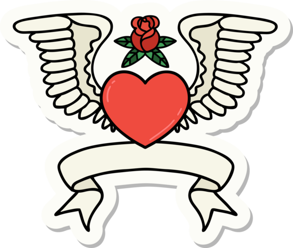 Bir insanın çizdiği kanatlı bir kalbin bayrağıyla dövme stili çıkartması.