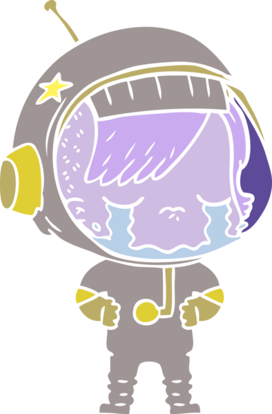 Düz renkli çizgi film ağlayan astronot kız bir insan tarafından çizilmiş.